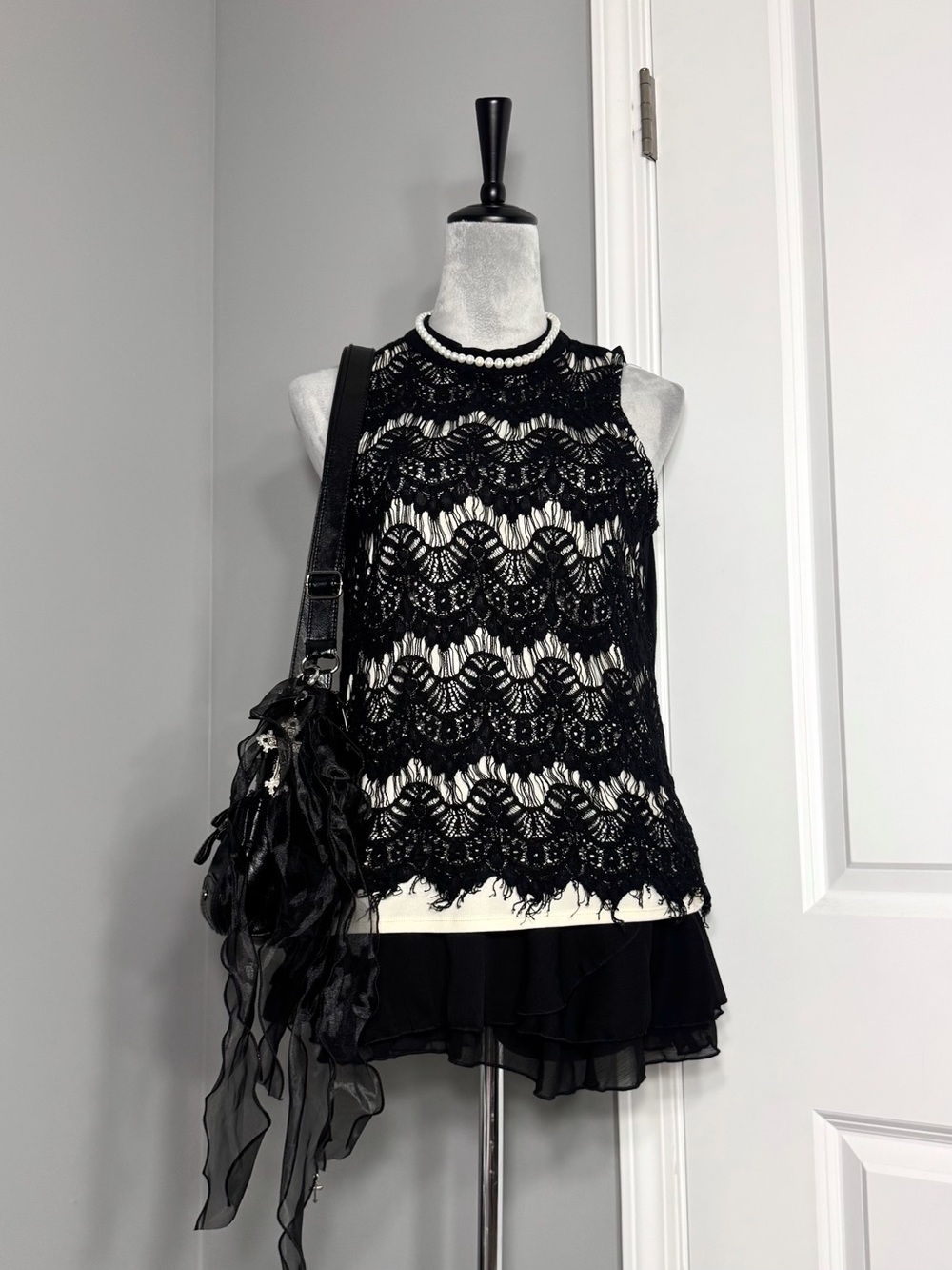 Tempted Black Layered Scallop Pattern Crochet Sleeveless Top with Fringe